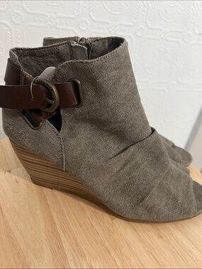 Blowfish Taupe Canvas Peep-Toe Wedge Booties with Brown Strap